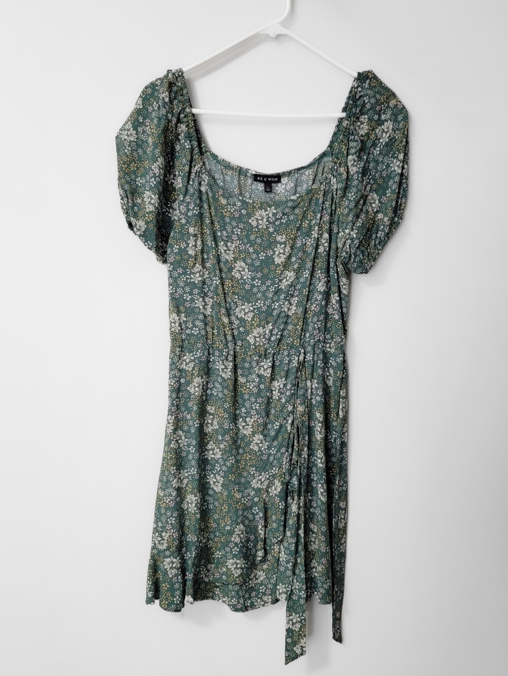 As U Wish Forest Green Floral Puff-Sleeve Midi Wrap Dress Size Large